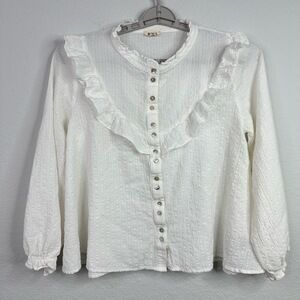 POL Shirt Women L White Ruffled Peasant Boho Romantic Hippie Crinkle Cottagecore